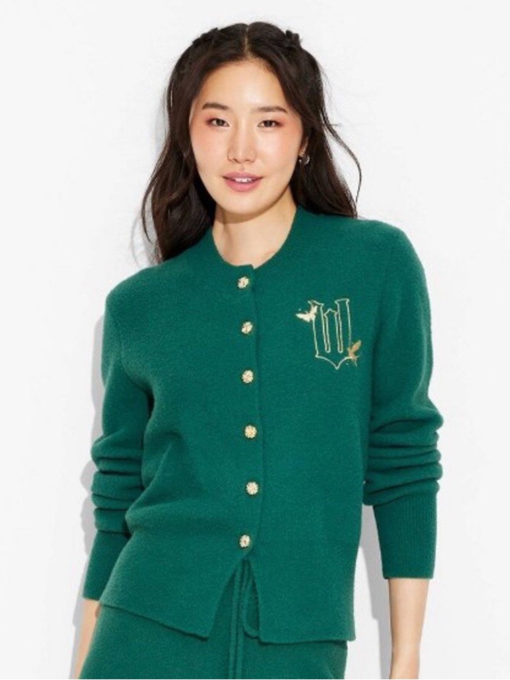 Wicked Emerald Green Button-Front Cardigan with Embroidered Detail